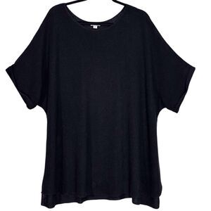 J Jill Linen Blend Sweater Top Boat Neck Black Short Sleeve Women XL Ribbed Knit